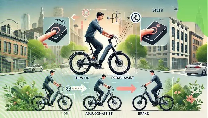 A rider adjusting the settings on an eBike display panel before starting a ride.