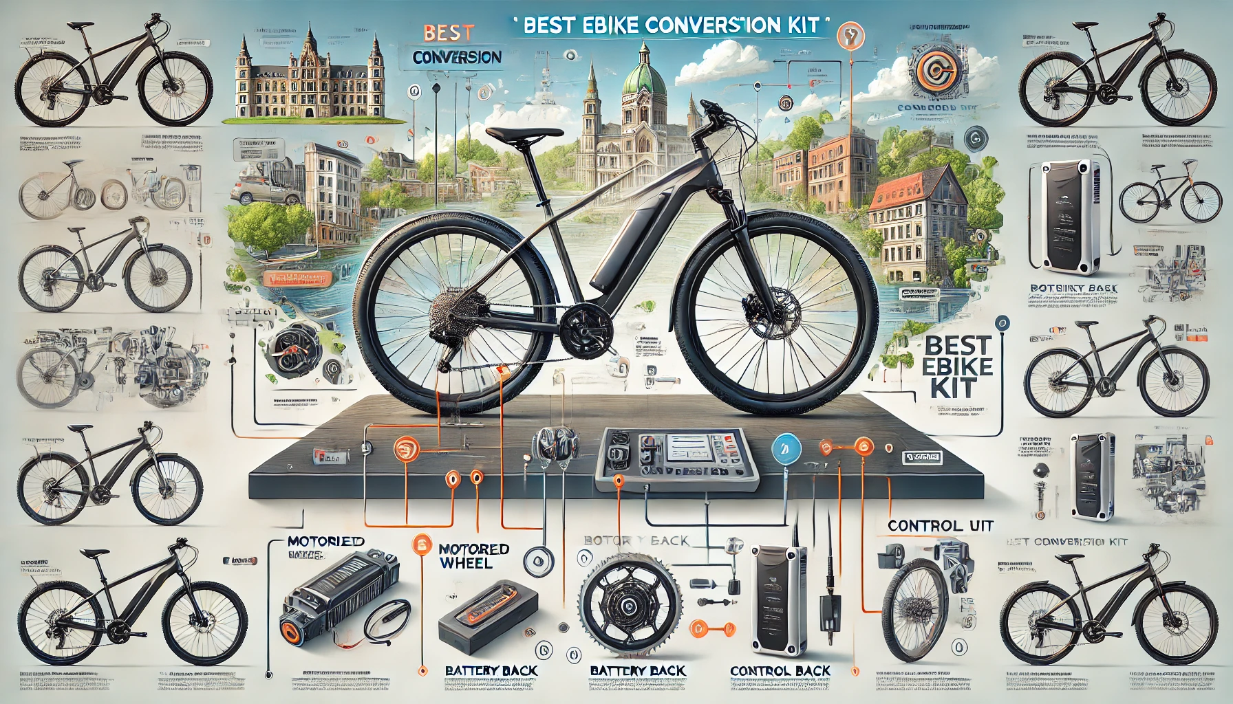 An image of a traditional bicycle being converted into an eBike using a conversion kit, showcasing various components and tools.